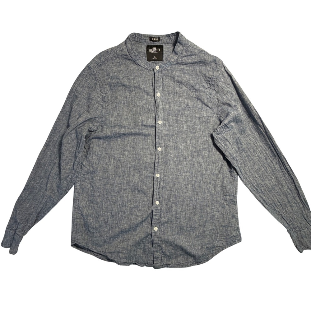 Hollister Slim Fit Band Collar Shirt Mens XL Blue Chambray Long Sleeve Button Up